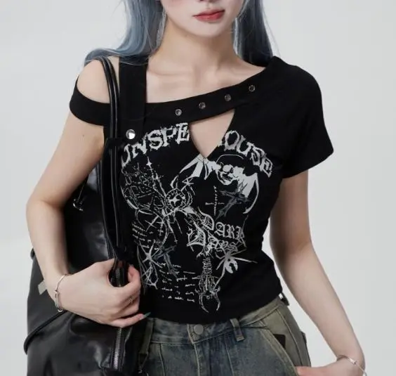 Streetwear Skew Collar One Shoulder Tees 2025 Printing