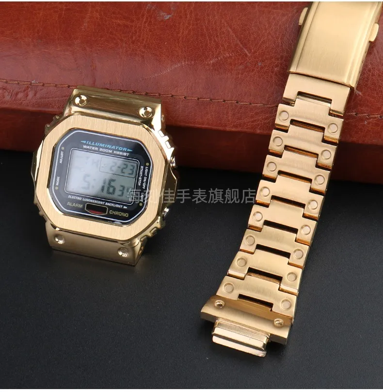 Für Casio G-SHOCK Metallgehäuse Armband Edelstahl Anzug DW5600/GW-M5610/5000 GW-B5600 Modifiziertes cooles goldenes schwarzes Armband – Detail 15