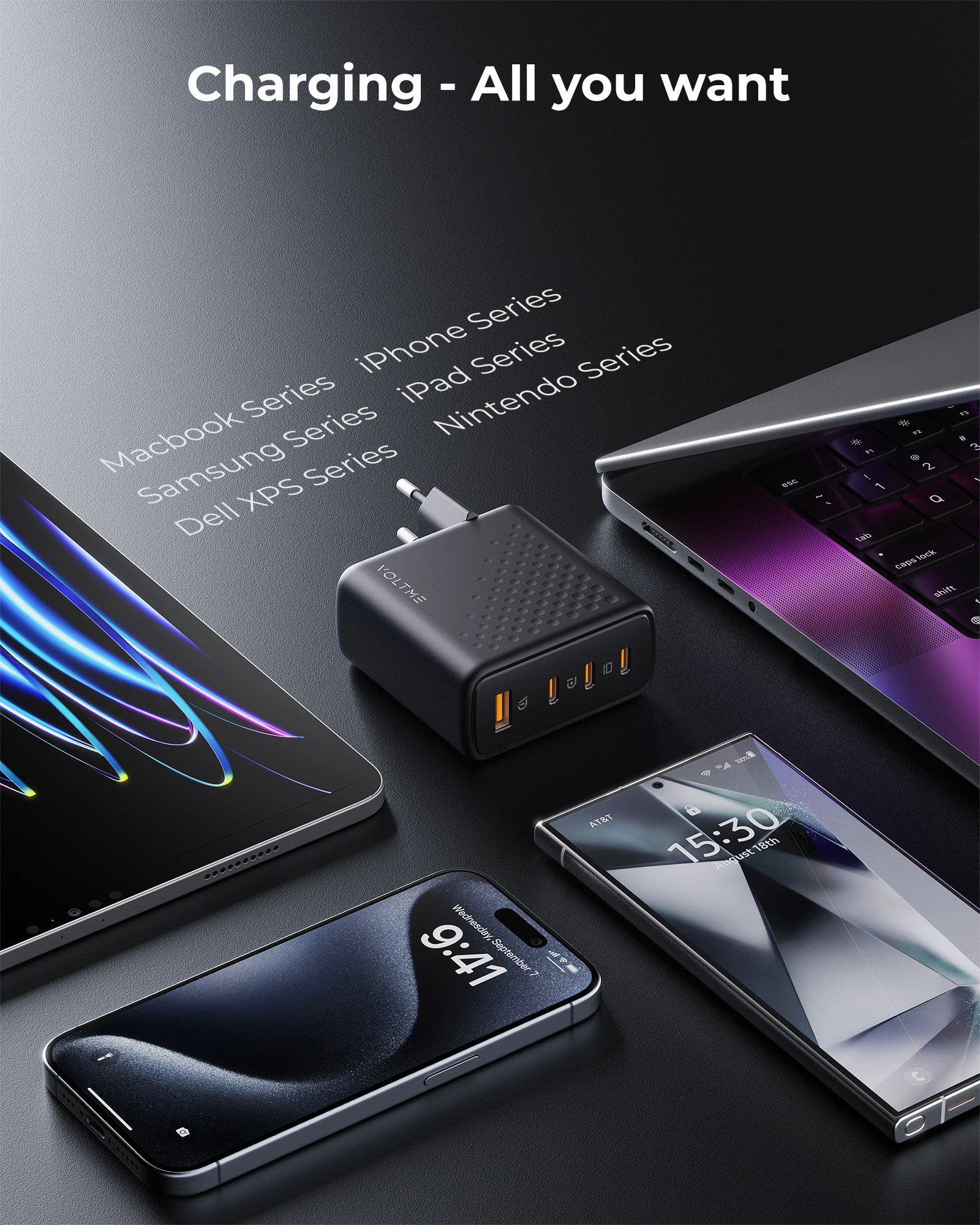 VOLTME 100W Pro GaN USB Charger PD QC Fast Charging Power Adapter tablet Fast Charging for MacBook iPad iPhone 15 Galaxy S23
