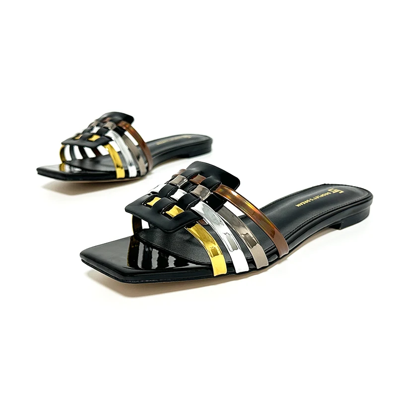 New Summer Women's High end Brand Flat Bottom Slippers Square Head Open Toe Indoor and Outdoor Slippers Casual Comfort Slippers