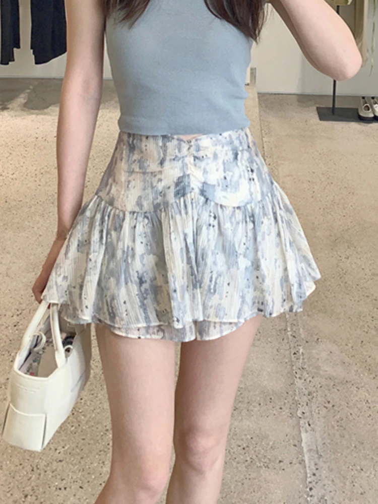 

Французская элегантная юбка с цветочным принтом, женская шифоновая Милая Мини-юбка с оборками, модная Корейская юбка с оборками, новинка 2023