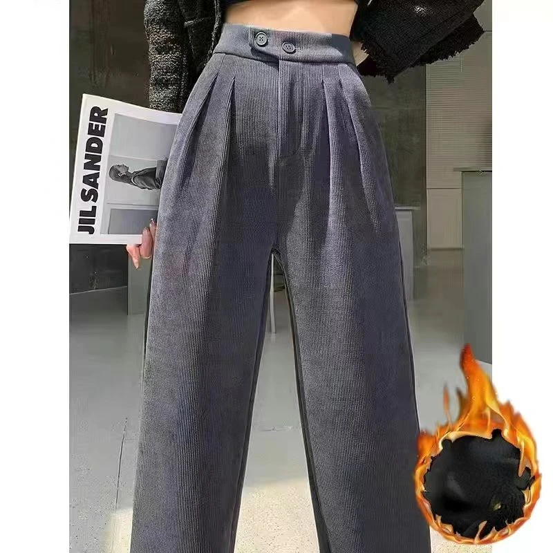 Fleece Wide Leg Pants Women Corduroy Straight Leg Pants Autumn Winter Trouser Streetwear High Waist Loose Korean Chic Clothes