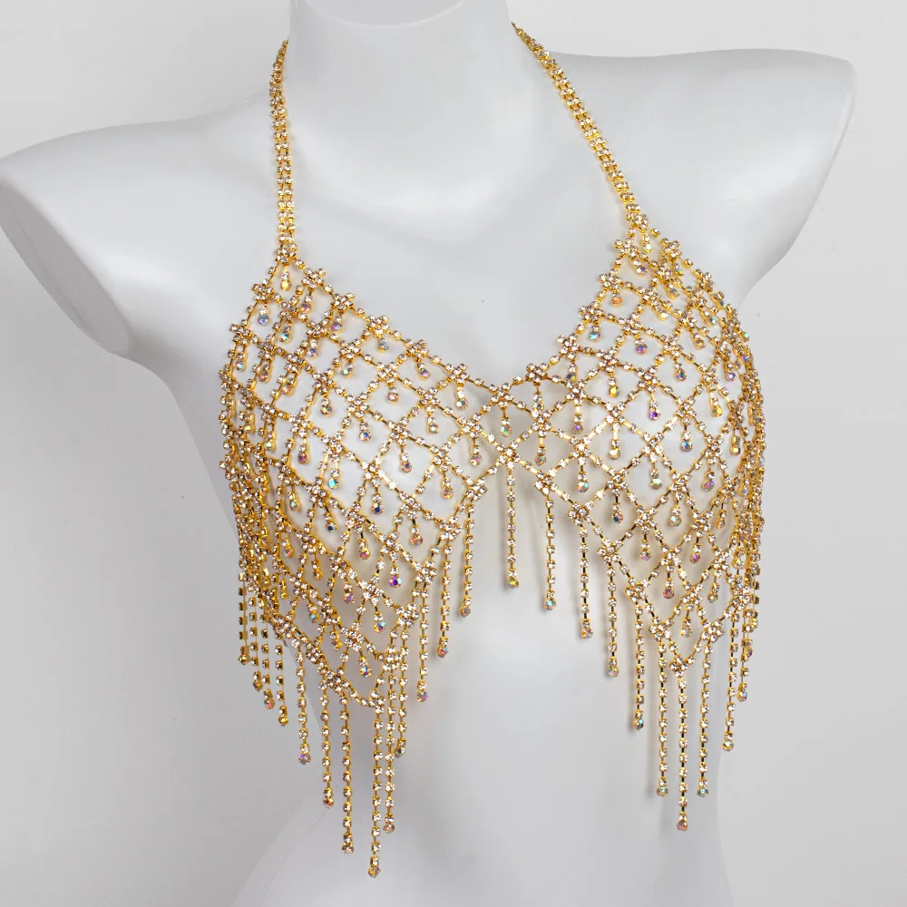 

Bikini rhinestone breast chain nightclub girl fringe AB color super large luxury rhinestone bra body chain jewelry