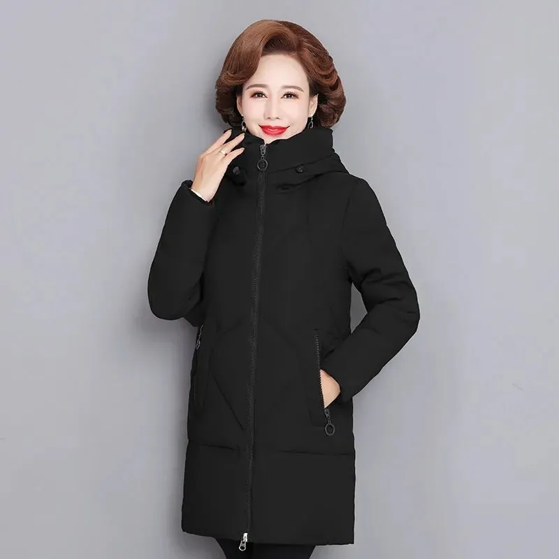 Cotton Padded Jacket Women's Parka 2022 New Winter Coats Long Sleeve Zipper Hooded Casual Middle-aged Clothes Mid-Length Outwear