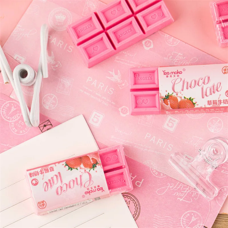 Pencil Eraser 1pcs Strawberry Chocolate Eraser Mini Pink Color Less Dust Cleaning Correcting Tools Office School A7656