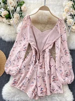 Korean New Spring Summer Women's Jumpsuit Dress V-neck Puff Sleeves Sweet Folds Slim Slimming Floral Wide-leg Shorts UK770 - Image 2