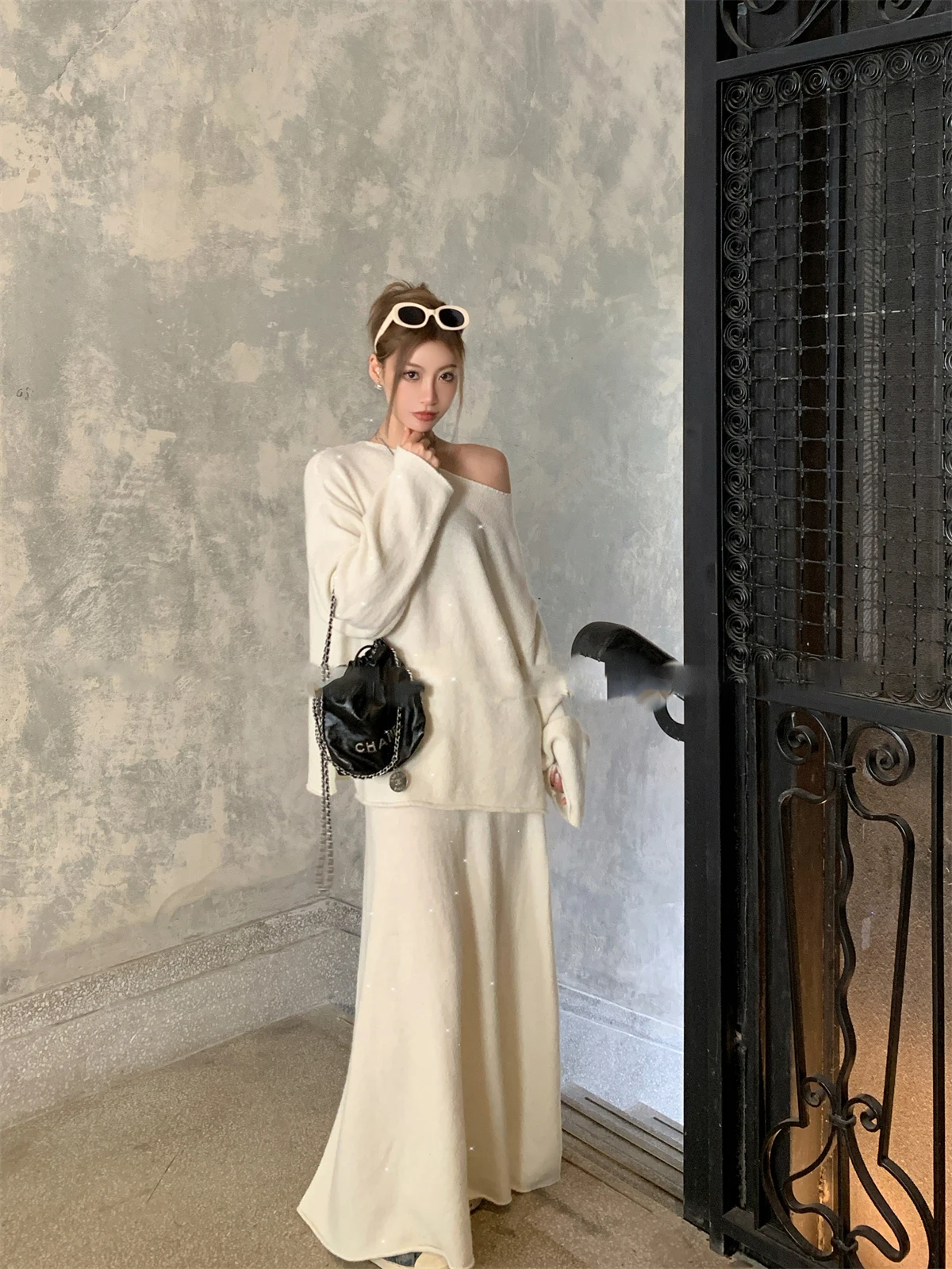 Sexy Soft Elegant Vintage Women Suits 2 Pieces Female Sets Slash Neck Sweater & Midi Dress Bling Knitted TrackSuit