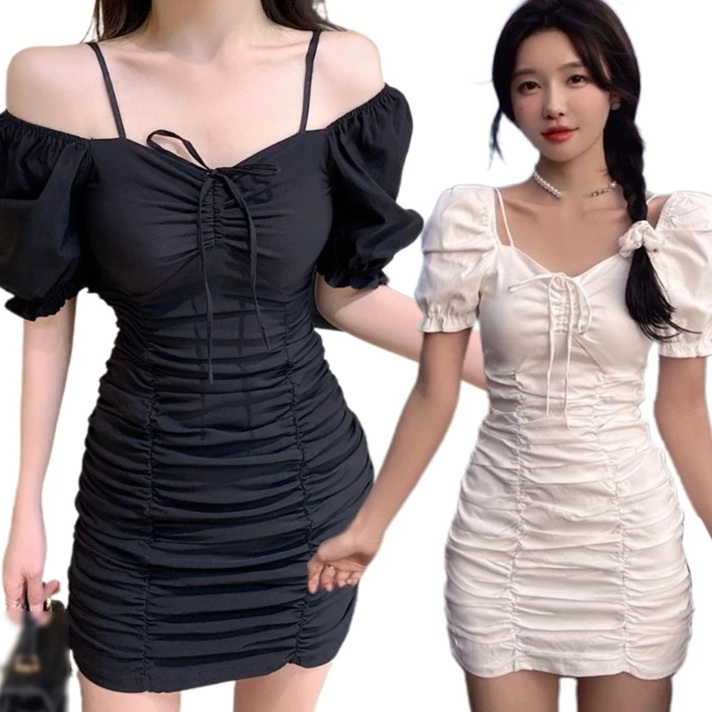 Summer 2022 New Korean Style Bubble Sleeve Pleated Drawstring Slim Dress  Elegant Women's Club Party Dress