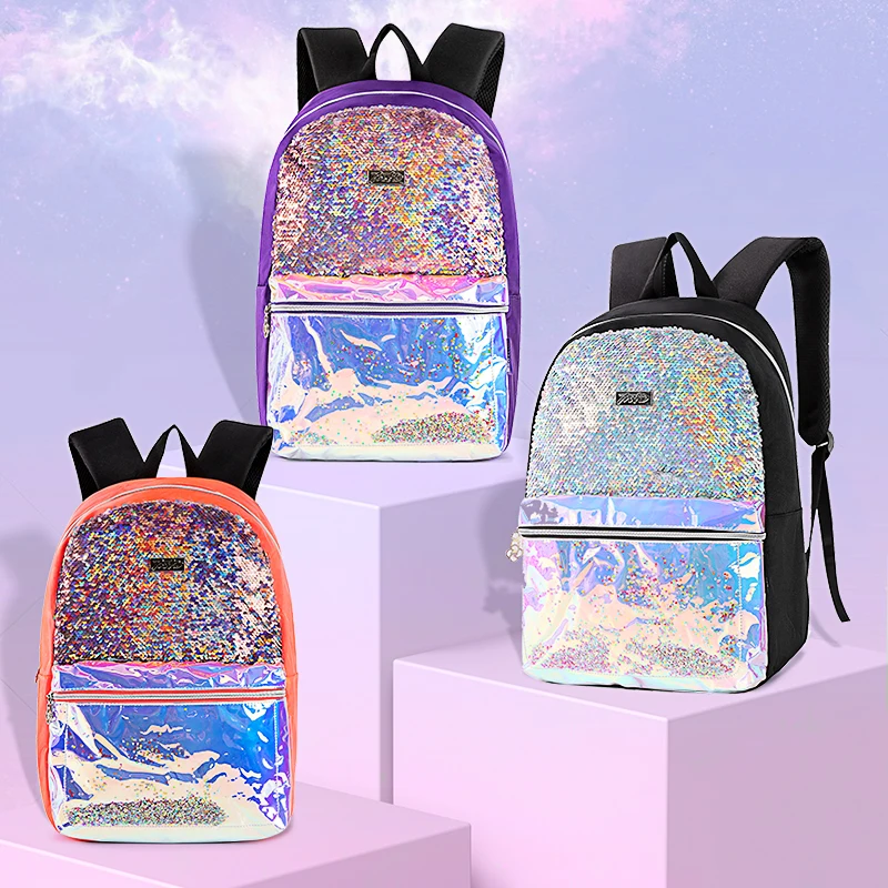 Holographic Glitter Sequins School Backpack Bag For Girls Children