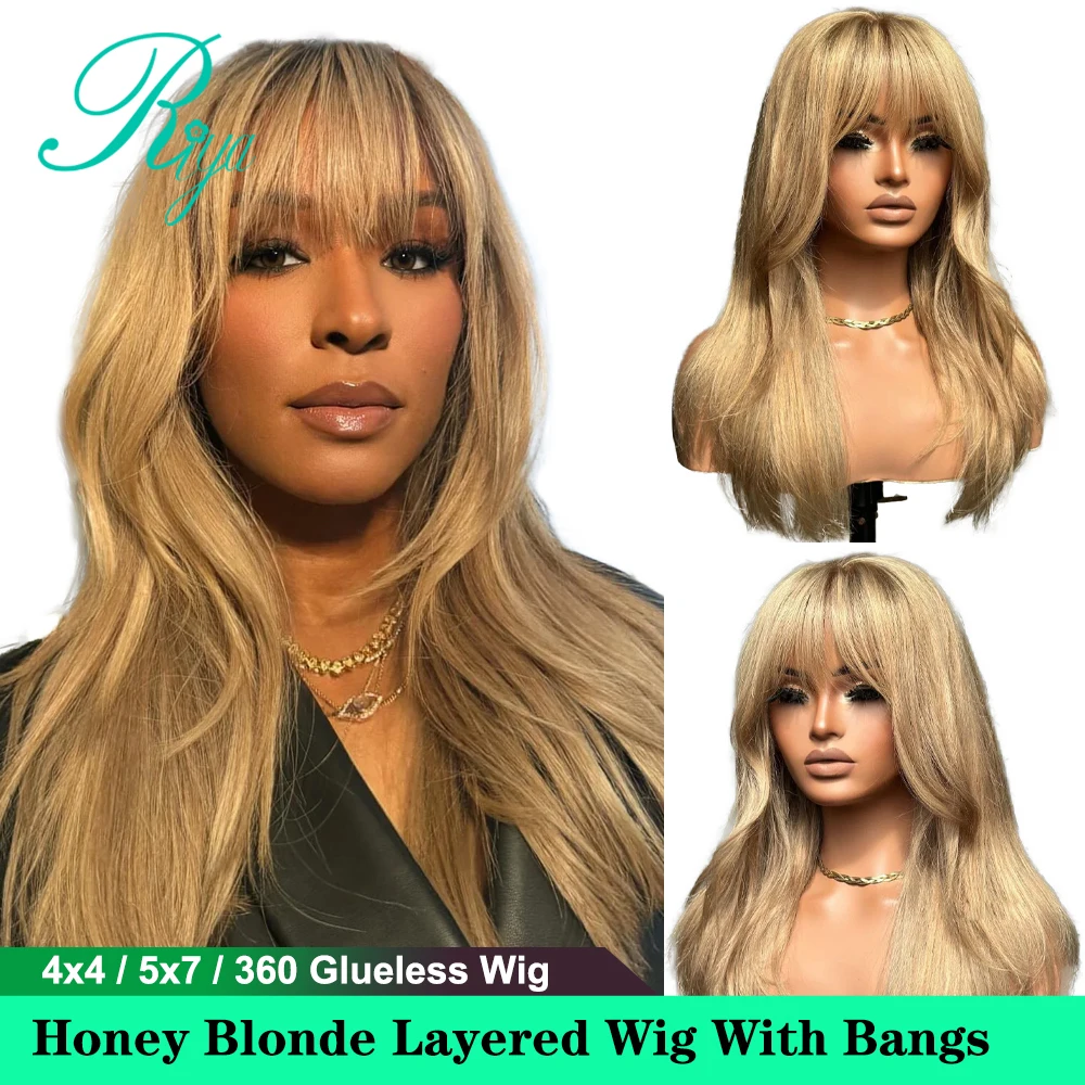 Human Hair Wig Pre Cut Ash Lace 4x4 5x7 Honey Blonde Layered Cut Straight With Bangs 613 Blonde 360 Full Lace Glueless human hair wig lace front wigs