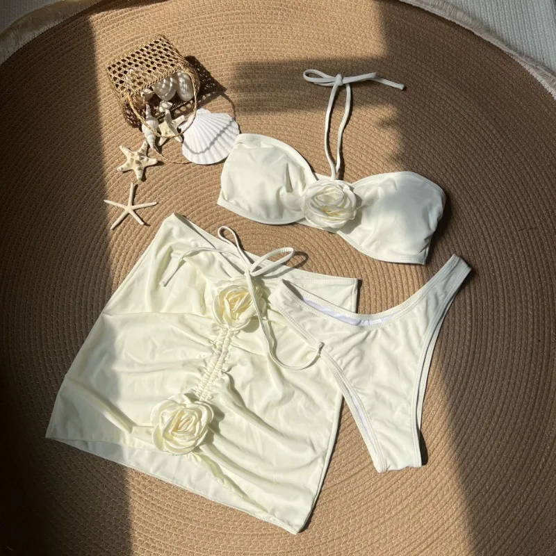 2024 Sexy Women's Tie Halter Swimsuits 3 Pieces Flower Bikini Sets