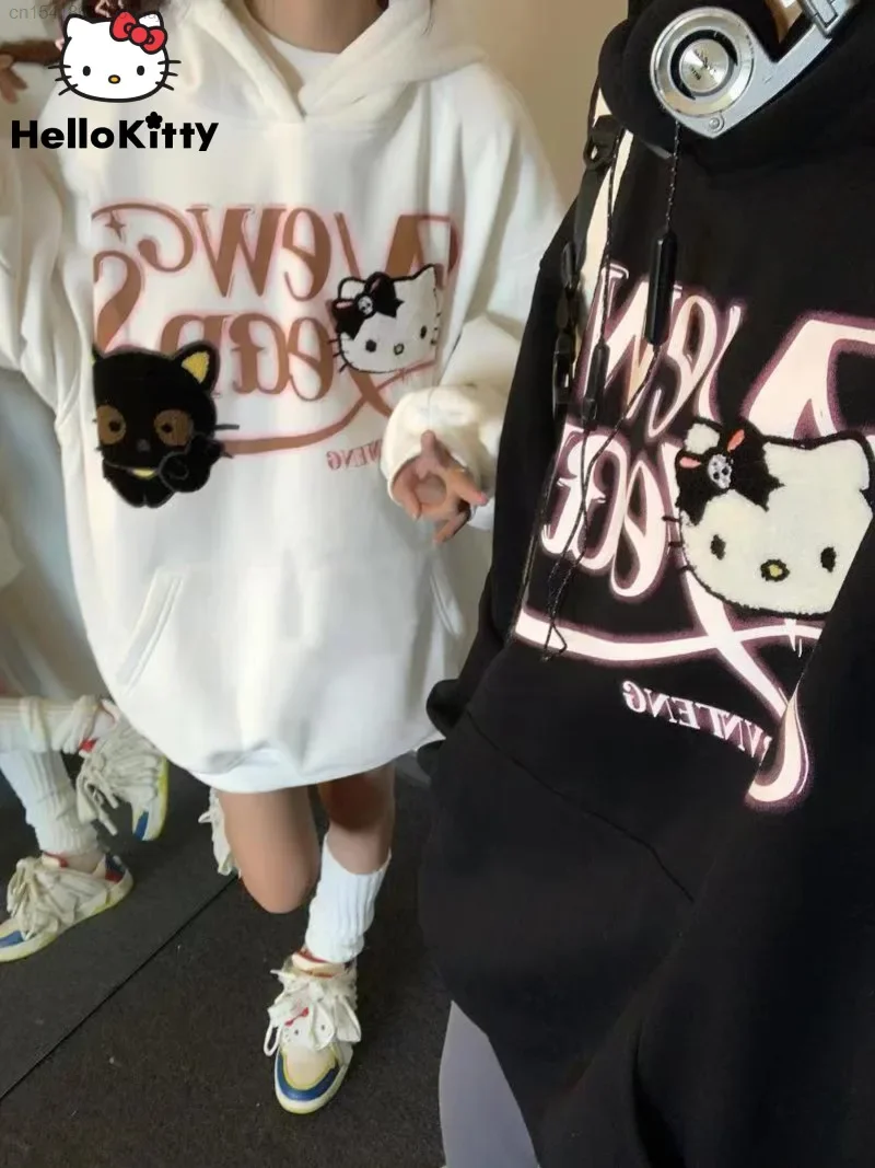 

Sanrio Hello Kitty Y2k Hip Hop Black Hoodie Youthful Woman Clothes Korean Fashion Y 2k Goth Harajuku White Pullovers Tops Girls