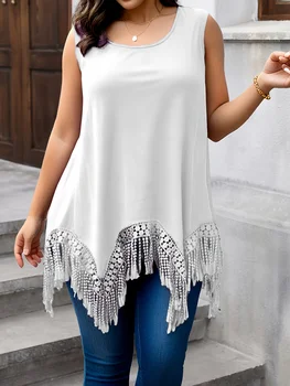 Plus Size Sleeveless Tunic Top with Fringe Hem Boho Chic Relaxed Fit Comfortable Everyday Wear