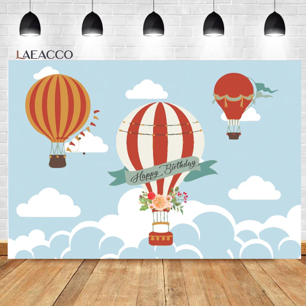 Laeacco Birthday Backdrop Blue Sky White Clouds Hot Air Balloons Stars Kids Newborn Photocall Baby Shower Photography Background
