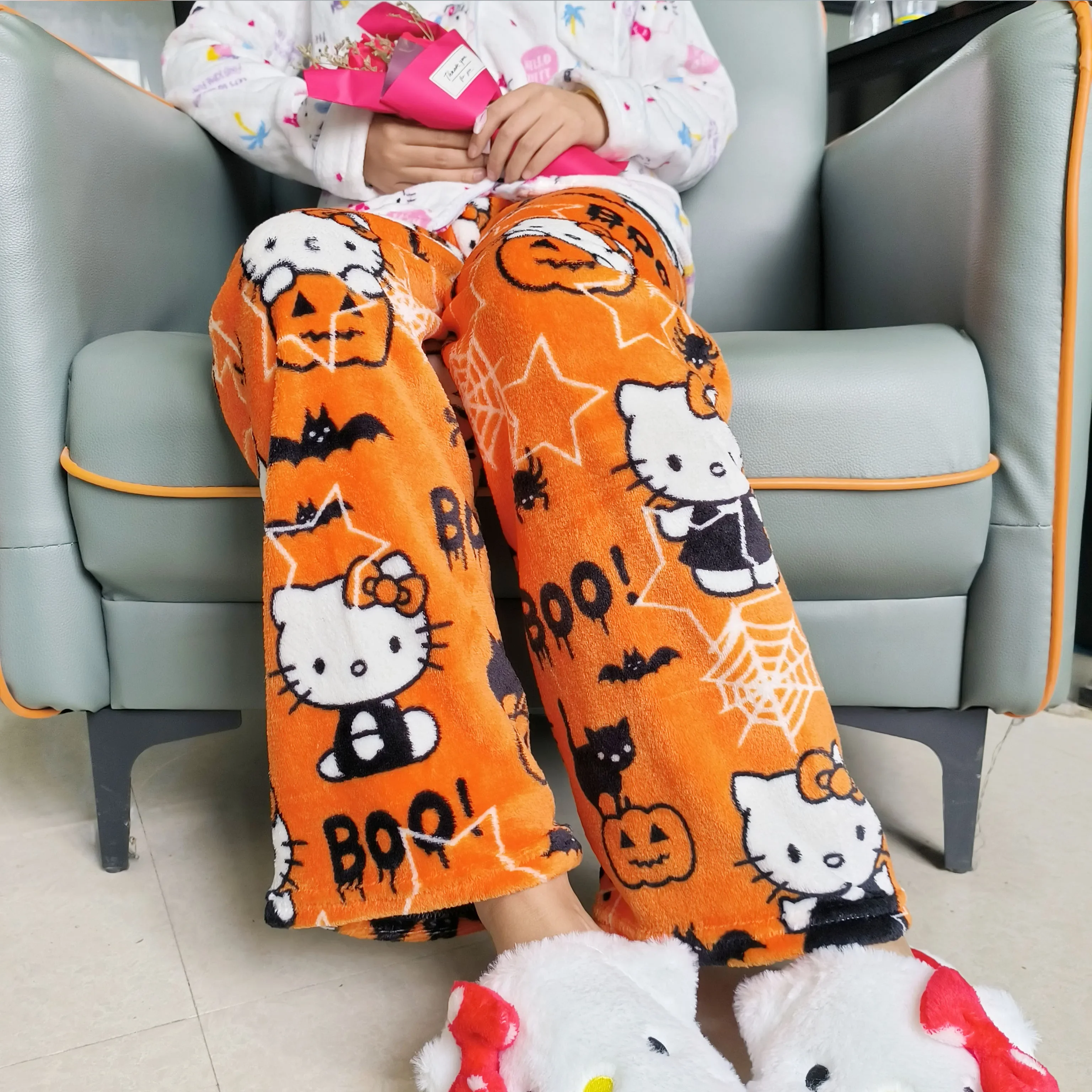 Halloween Sanrio Hello Kitty Fleece Coral Pajama Pants Soft Trousers Cute Women Casual Home Kawaii Anime Cartoon Birthday Gift fleece pajama pants