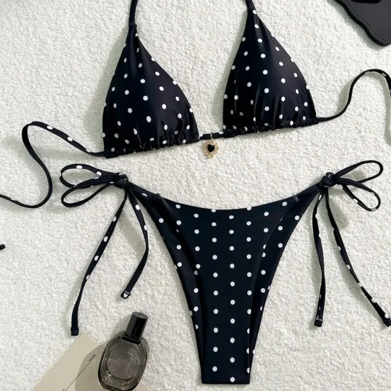Sexy Bikini Set Black White Polka Dot 2 Piece Swimsuit for
