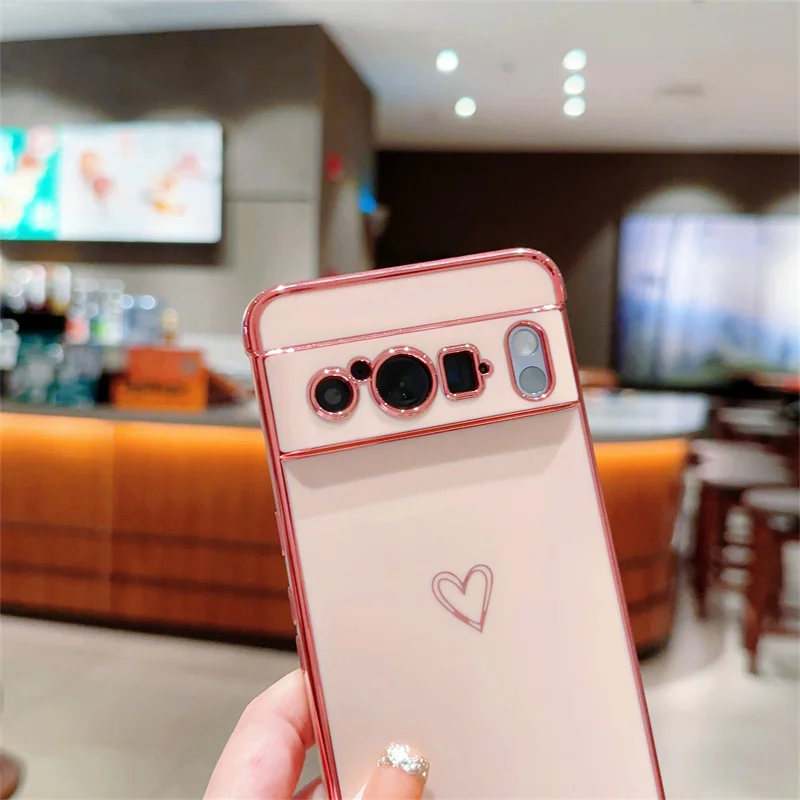 For Google Wristband Phone Case for Pixel 7a 8 Pro Cover Cute Heart Plating Lens Protection Shockproof Soft Bumper_voghion.com