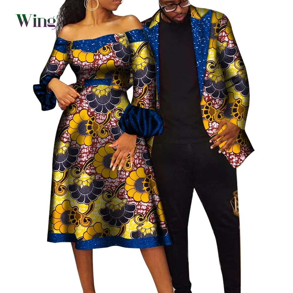 

African Clothes for Couple Dashiki Lovers Strapless Off Shoulder Short Dress and Men Suit Coat 2 Pieces Bazin Riche WYQ480