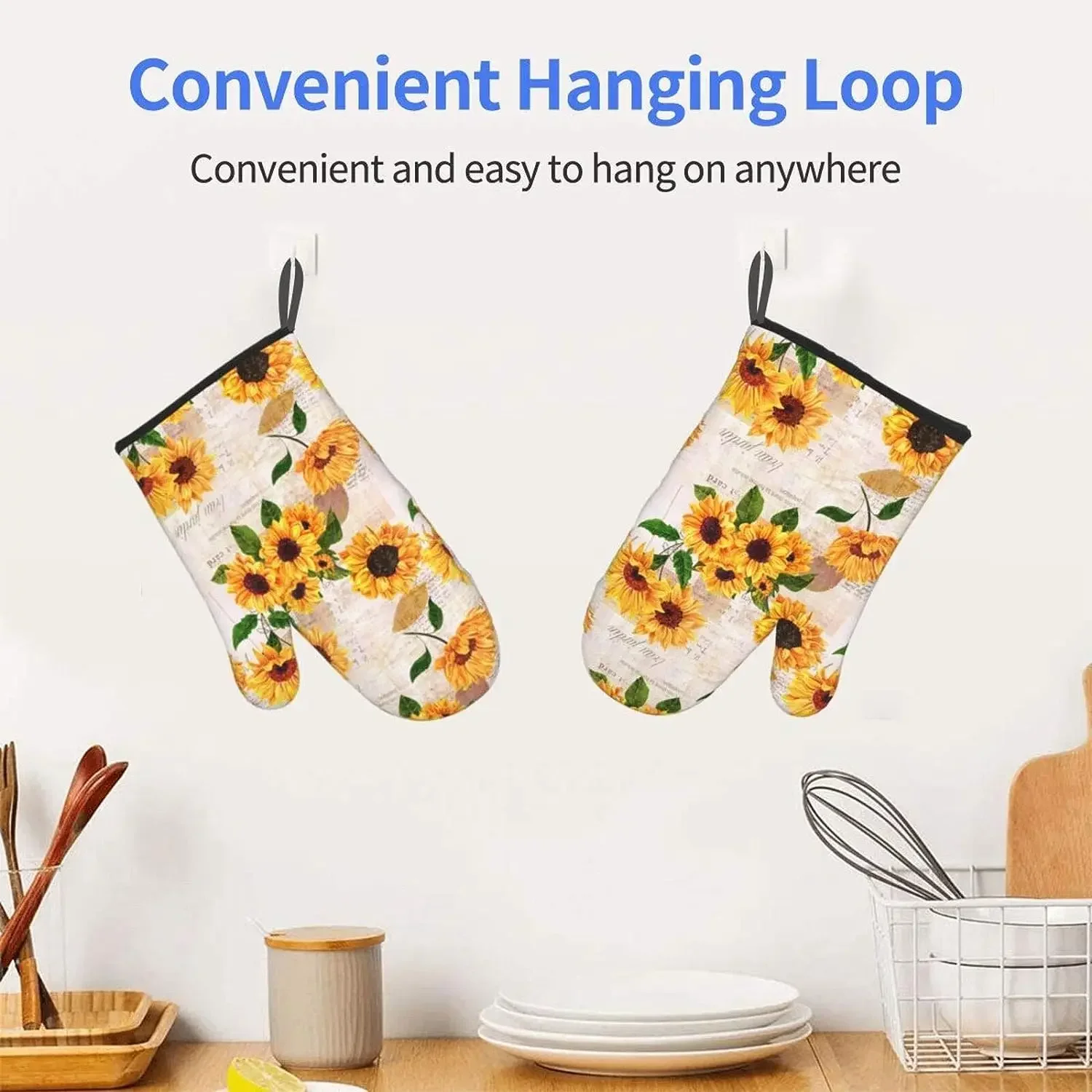 2pcs Sunflower Floral Print Oven Mitts Heat Resistant Kitchen Waterproof Gloves with Inner Cotton Layer For Cooking BBQ silicone oven mitts kitchen gloves cotton pot holders