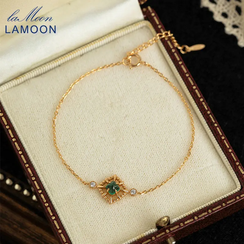 

LAMOON Vintage Elegant Emerald Bracelet For Women 925 Sterling Silver Chain Gold Vermeil Fine Jewelry Accessories Retro Bijou