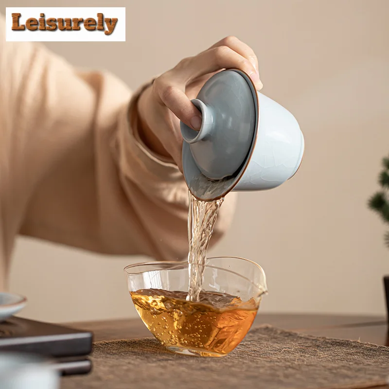 160ml Handamde Ru Kiln Ceramic Gaiwan Can Nourish Gold Wire Vintage Tea Tureen Household Tea Making Cover Bowl Tea Items Craft