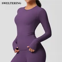SWELTERING Women Yoga T-shirts Sports Top Long Sleeve Gym Workout Running Shirts Exposed Navel Quick Dry Fitness Gym Sport Wear