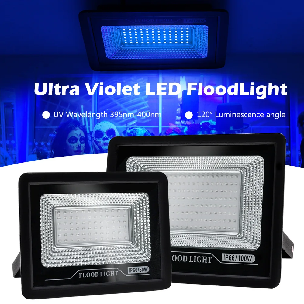 LED UV Floodlight AC220V 50W 100W 150W Festival Party Flood Light 395nm 400nm IP66 Waterproof Ultraviolet Fluorescent Stage Lamp