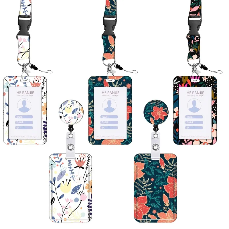 

Staff Working Cards Holder with Retractable Long Lanyard and Badge Reel Flower ID Credit Cards Holder Cover for Woman Phone Rope