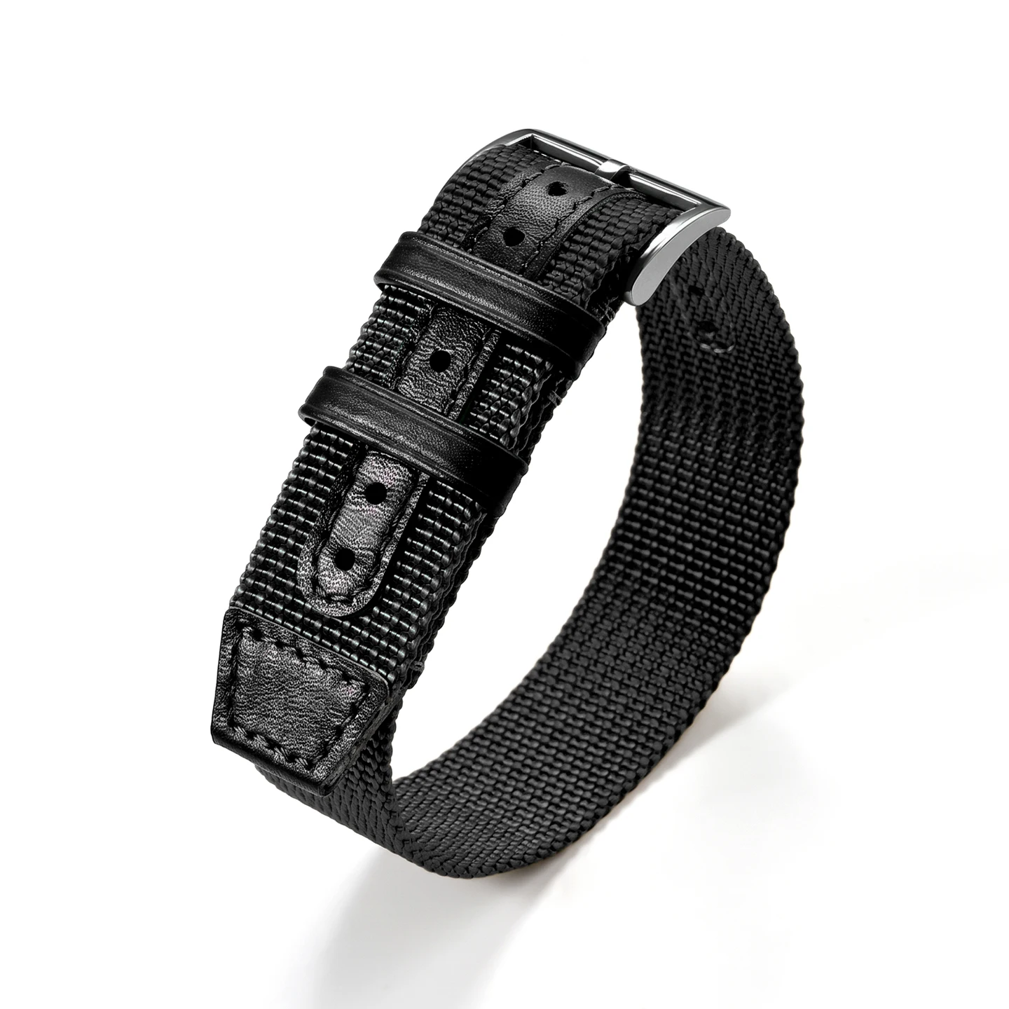 Black Khaki Army Genuine Leather and Nylon Weave Canvas Sport Watch Band Bracelet with Pin Buckle, 20mm or 22mm Strap Size