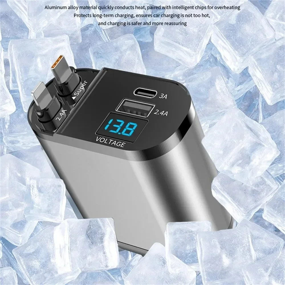 4 in 1 120W Car Charger Retractable Car Cigarette Lighter Adapter USB Type C Fast Charger Cable For IPhone Xiaomi Huawei Samsung
