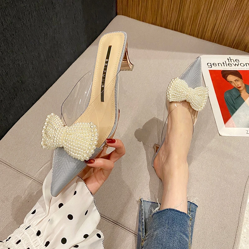 Woman 2024 Trend Transparent High Heels for Women Pointed Toe Heeled Sandals Fashion Bow Slingbacks Pumps Ladies Stiletto Shoes