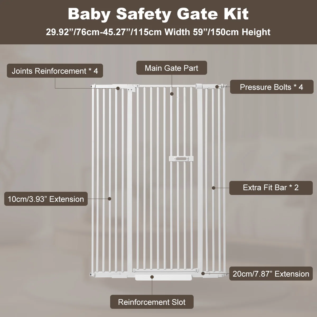 Ulifemate 59" Extra Tall Cat Gate, 30"-45" Extra Wide Pet Gate with 4" and 7.85" Extension Kits, Pressure Mount Kit Gate, White