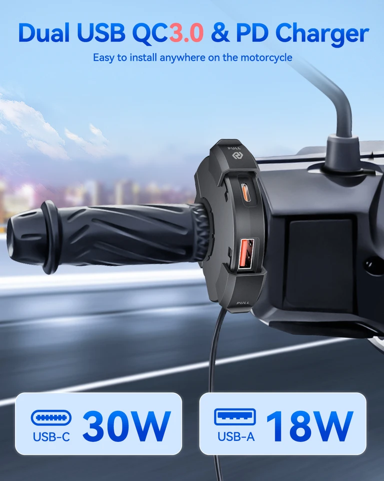 Chargeur USB Pour Moto - Double Port QC3.0 + PD - Étanche Et Résistant - Installation Facile Sur Guidon Ou Rétroviseur