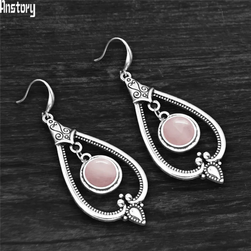 Round Amethysts Drop Earrings For Women Tibetan Silver Natural