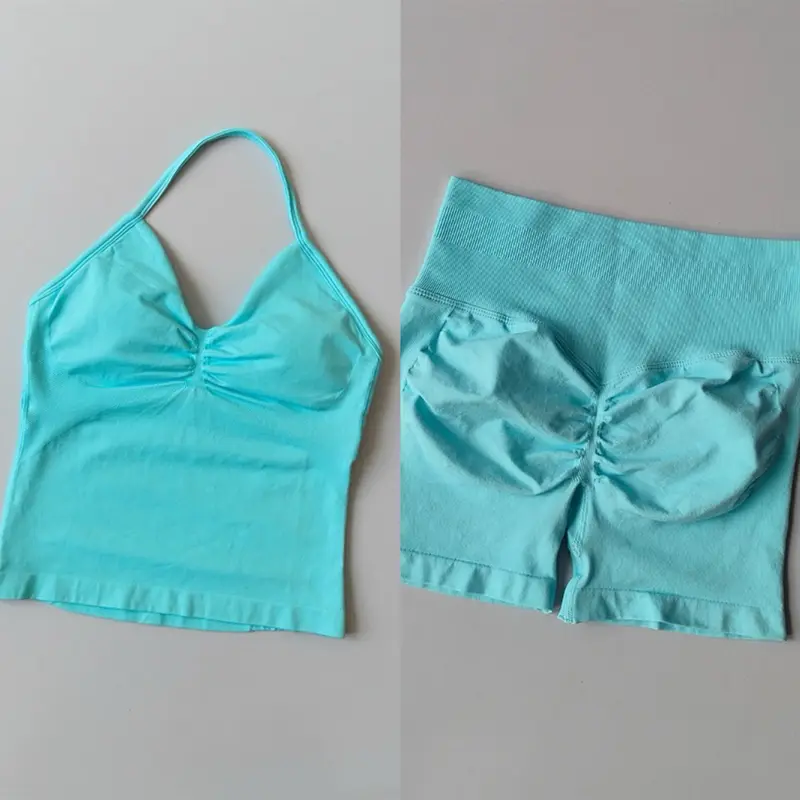 Sexy Halter Neck Beautiful Back High Waist Peach Sports Bras Shorts Suit Pilates Gathering Yoga Vest Training Fitness Bra Sets - Image 18
