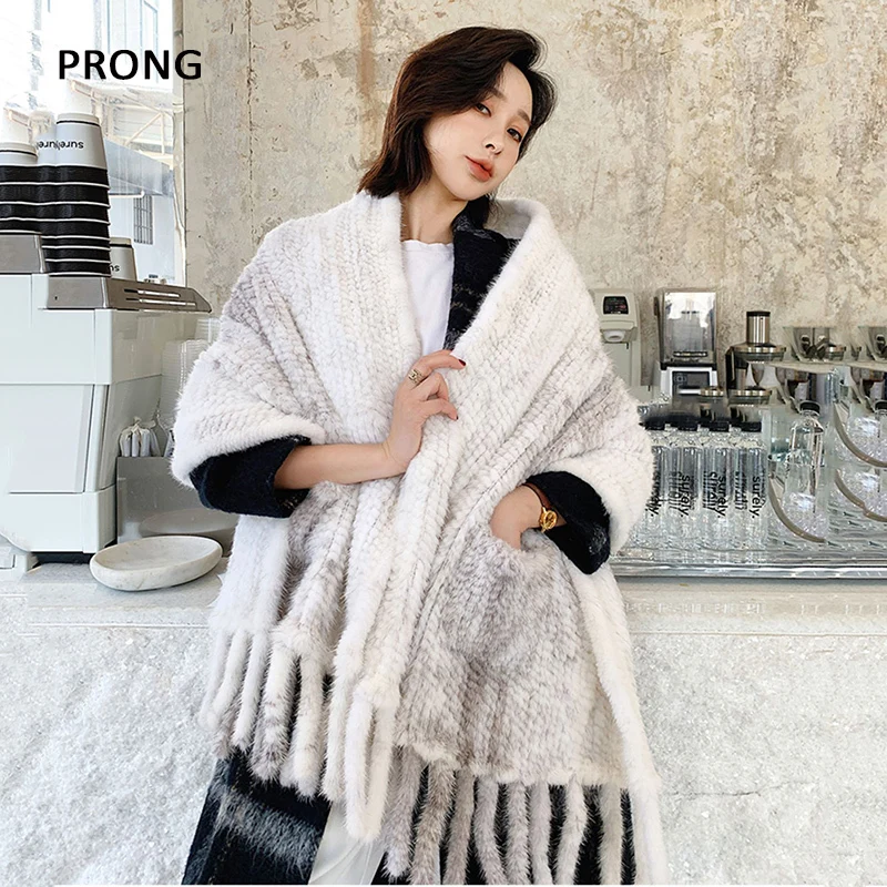 Long Style Women Knitted Real Mink Fur Scarf Fringe Natural Mink