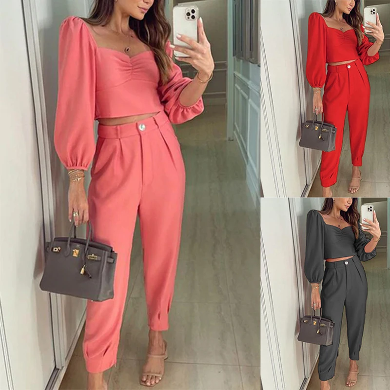 

2023 Women's Square Neck Slim Fitting Short Top Loose Solid Color Casual Pants Two-piece Set Women Spring Autumn Button Clothes