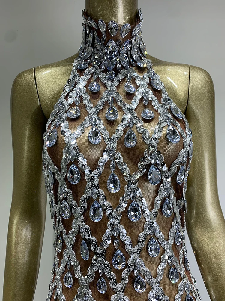 2023 New Sparkly Silver Big Rhinestone Transparent Long Dress Evening Birthday Celebrate Luxurious Costume Dancer Flashing Dress