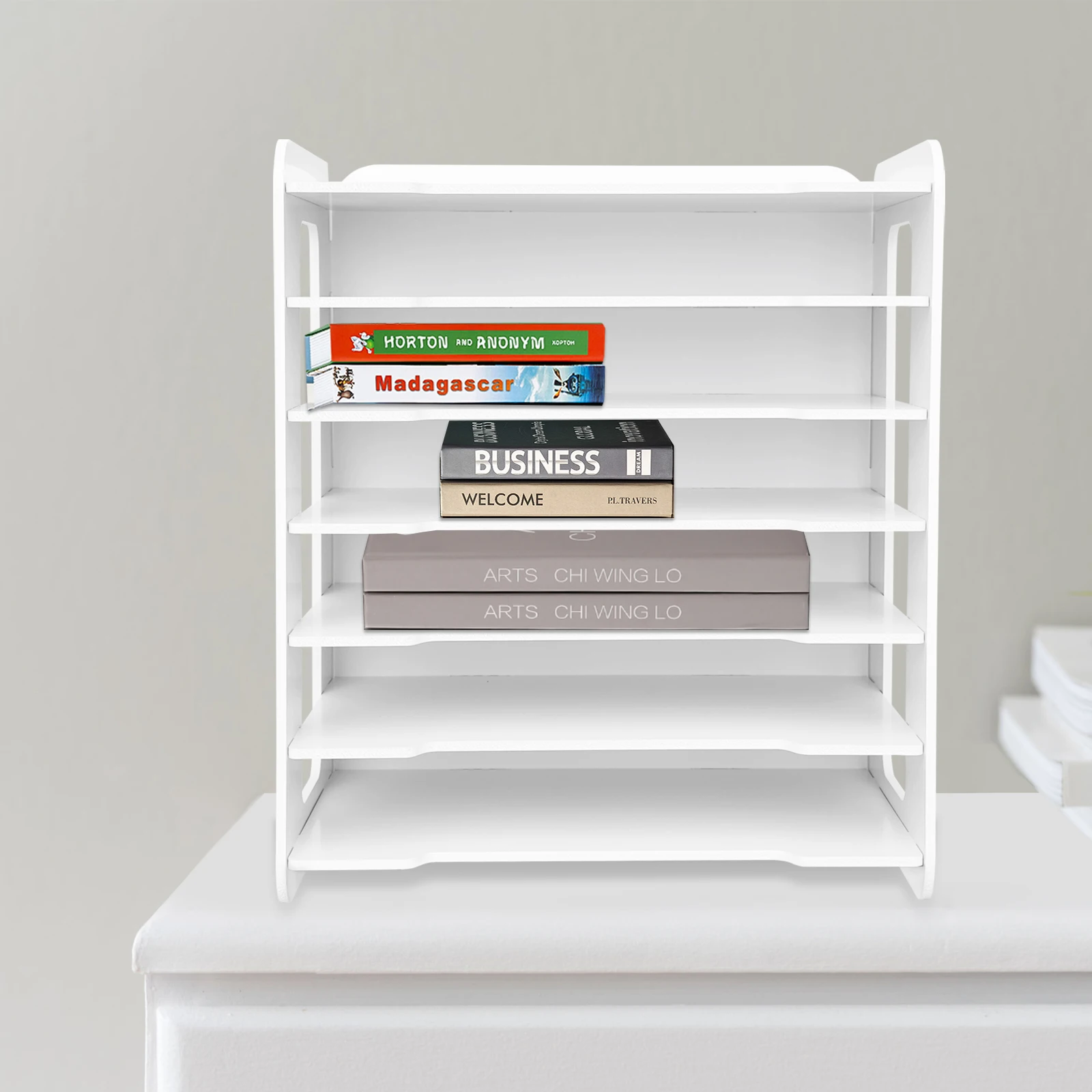 

White 7-Layer Desk Desktop Paper Sorter Holder Wooden Organizers File Rack Shelf For Office Desktop Storage Box