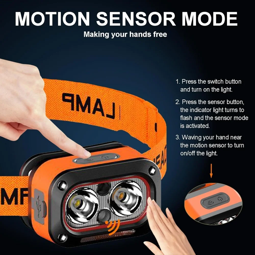 Motion Sensor Headlamp Lightweight LED Rechargeable Head Lamp Fishing Camping Head Flashlight Waterproof Forehead Head Light 4