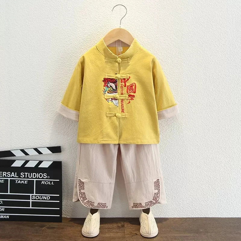 

Детский костюм Тан в китайском стиле с вышивкой, платье Чонсам ханьфу для девочек, брюки для мальчиков, желтая синяя Восточная одежда