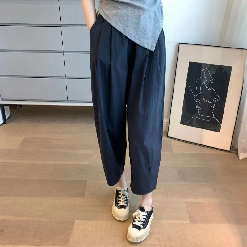 Minimalist Temperament Versatile Solid Color Pocket Thin Women's Summer Elastic Fashion Japanese Loose Wide Leg Cropped Pants