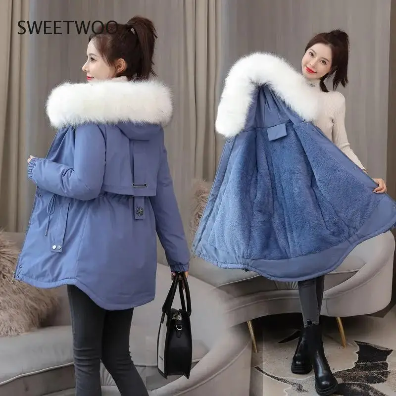 2021 New Fashion Parka Long Coat Winter Jacket Women Clothing Wool Liner Hooded Parkas Slim with Fur Collar Warm Snow Wear Coat