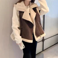 New Arrival Autumn/Winter Korean Style Design Lapel Lamb Wool Velvet Patchwork Vest Jacket For Women High Quality European And A
