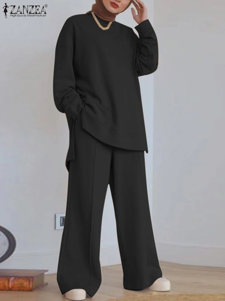

Fashion Women Tracksuits ZANZEA Muslim Autumn Long Sleeve Blouse Irregular Tops Solid Long Pants Suit Eleagnt Sweatshirts Sets