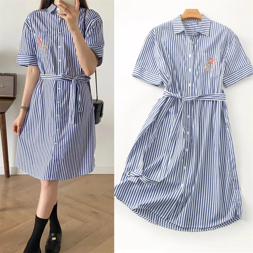 

BSK&TRAF Summer New Women's Clothing 2024 Commuting Striped Shirt Skirt Mid-Length Waist Slim Short Sleeve Dress Women