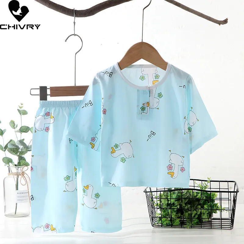 Pijamas finos de dibujos animados para niños y niñas, conjunto de ropa de dormir para bebés, manga de tres cuartos, cuello redondo, novedad de verano 2023