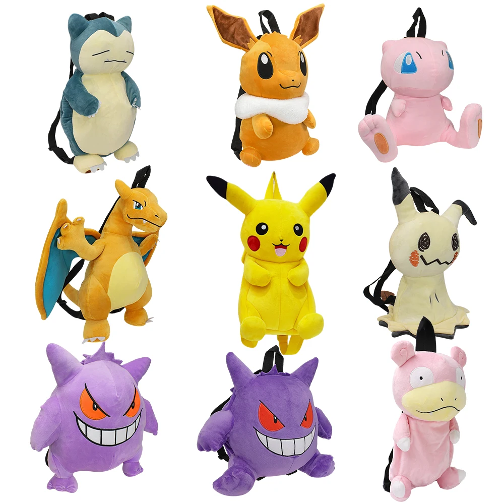New Pokemon Pikachu Snorlax Eevee Mimikyu Mew Gengar Charizard Piplup Slowking Plush Backpack Toy for Boys Girls Doll Gift