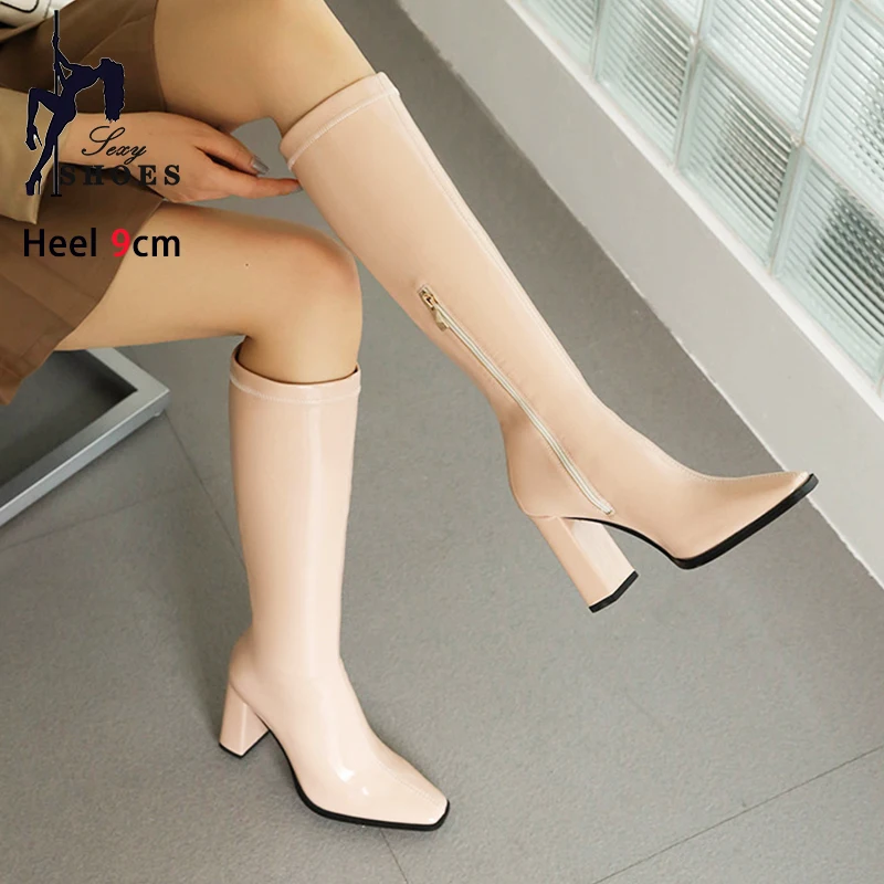 White Knee High Boots Ladies Square Toe Fetish Shoes 2025 New Office High Heels Womens Autumn Winter Long Boots Big Size Mujer