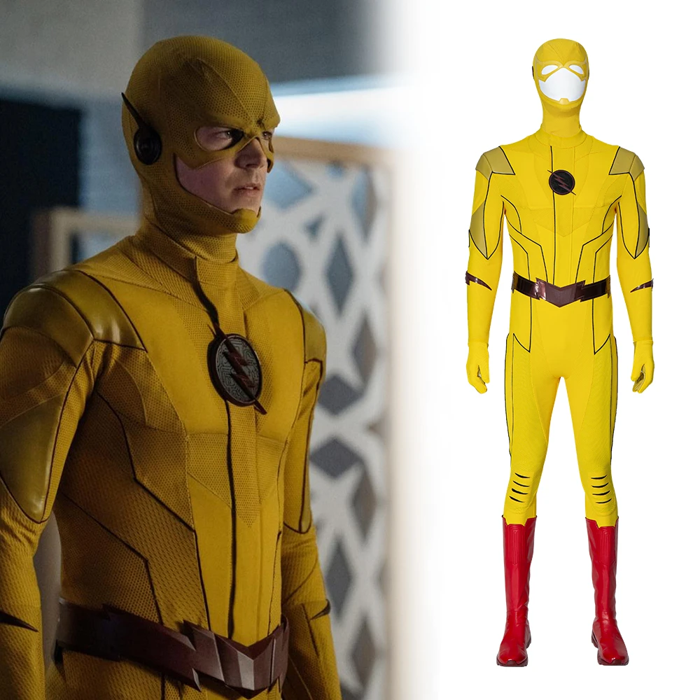 Disfraces de Flash amarillo para adultos, disfraz de Flash inverso, personalizable, botas rojas, disfraces de fiesta de Halloween| | -